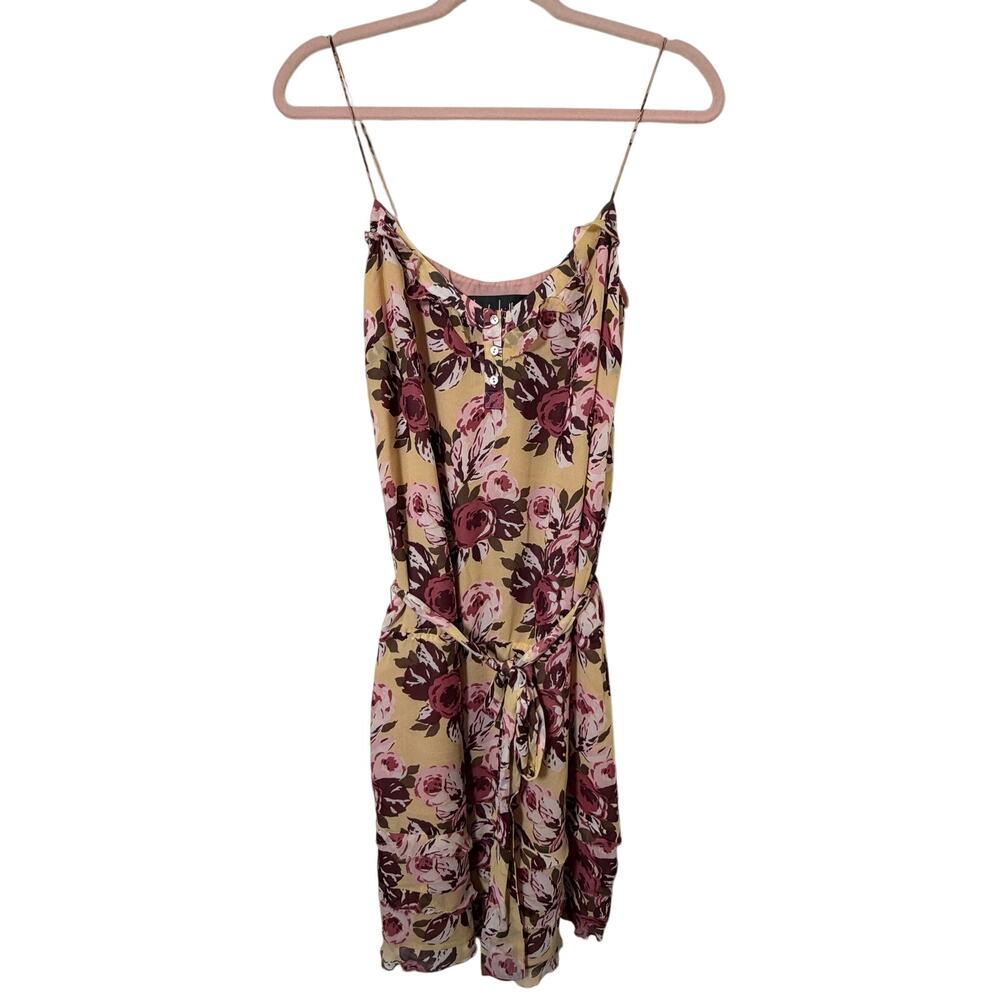 Sz4 Nicole Miller 100% Silk Floral Mini Dress Yellow Ruffle Cottagecore Coquette